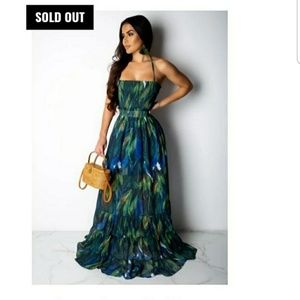 Blue/teal Autumn leves maxi gown